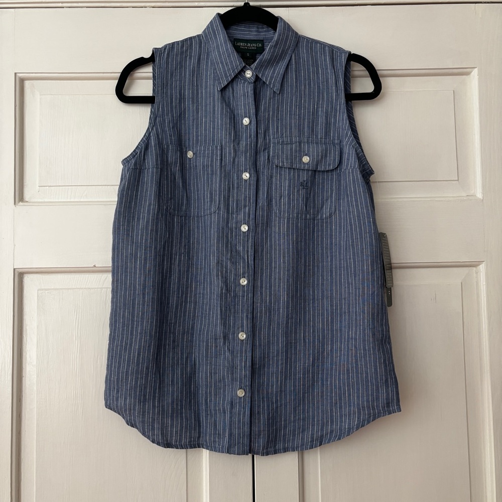 Ralph Lauren Denim Blue Pinstripe Linen Sleeveless Shirt Small Vtg Deadstock Top